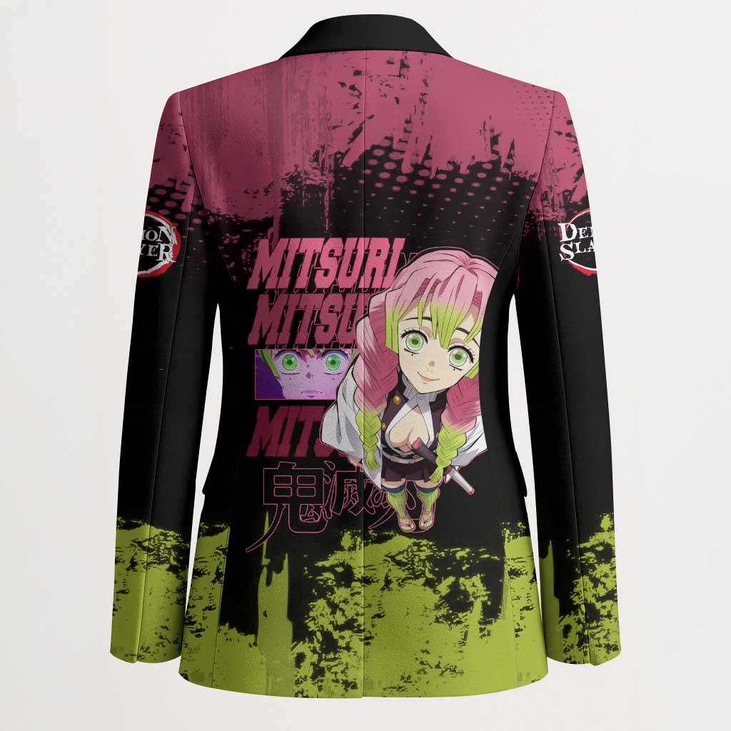 Mitsuri Kanroji Demon Slayer Pink and Green Grunge Design Blazer with Heart Eyes and Playful Pose - The Mazicc