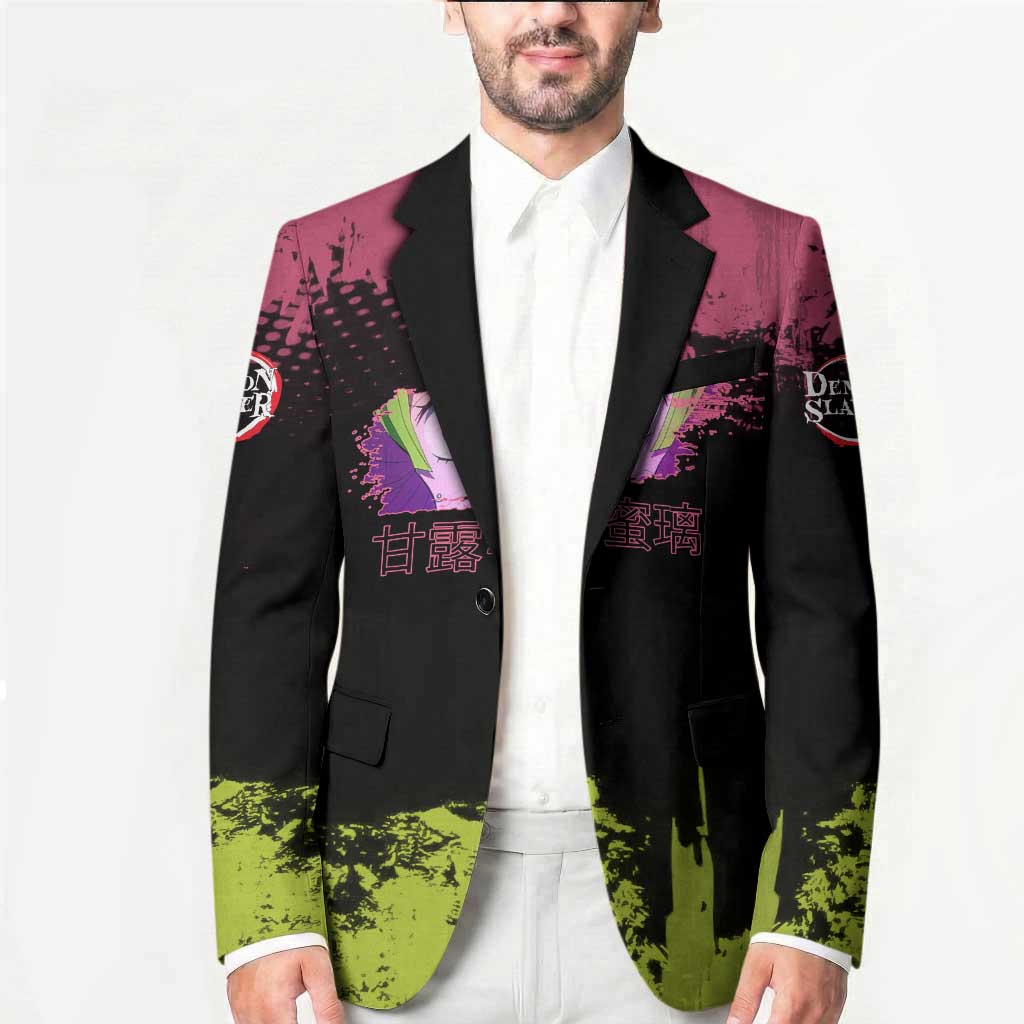 Mitsuri Kanroji Demon Slayer Pink and Green Grunge Design Blazer with Heart Eyes and Playful Pose - The Mazicc