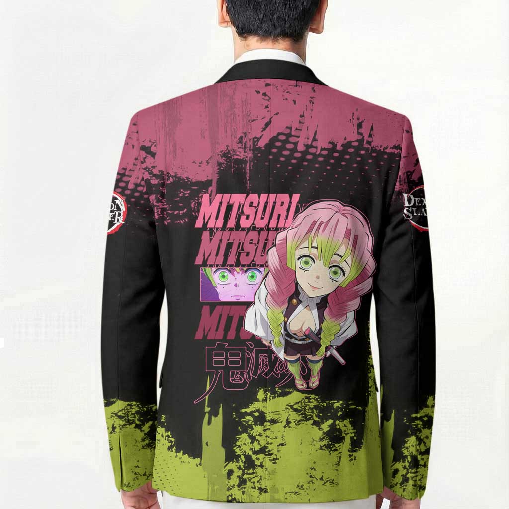 Mitsuri Kanroji Demon Slayer Pink and Green Grunge Design Blazer with Heart Eyes and Playful Pose - The Mazicc