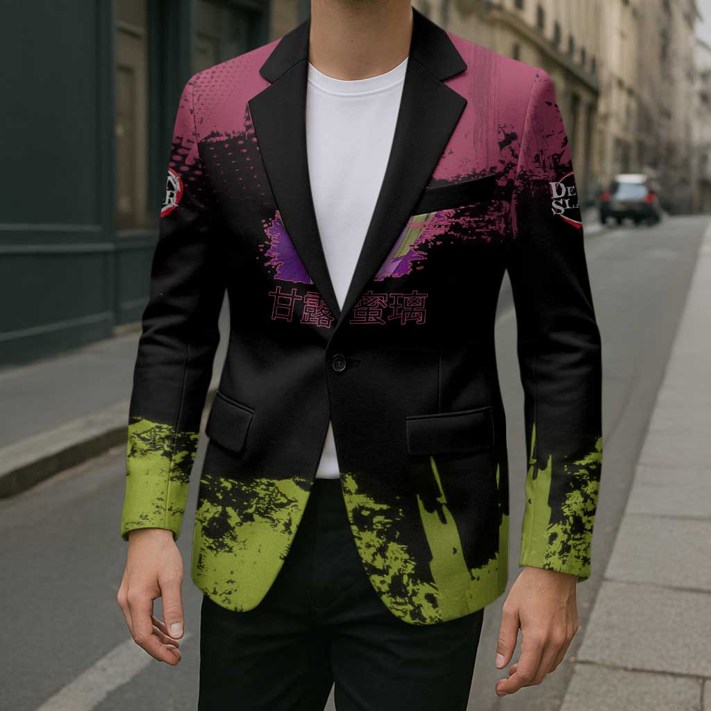 Mitsuri Kanroji Demon Slayer Pink and Green Grunge Design Blazer with Heart Eyes and Playful Pose - The Mazicc