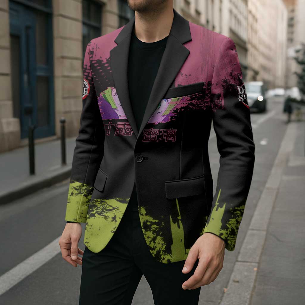 Mitsuri Kanroji Demon Slayer Pink and Green Grunge Design Blazer with Heart Eyes and Playful Pose - The Mazicc