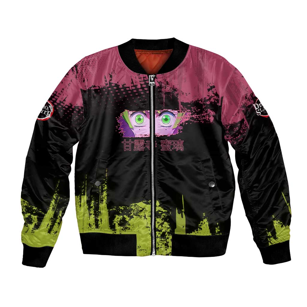 Mitsuri Kanroji Demon Slayer Pink and Green Grunge Design Bomber Jacket with Heart Eyes and Playful Pose - The Mazicc