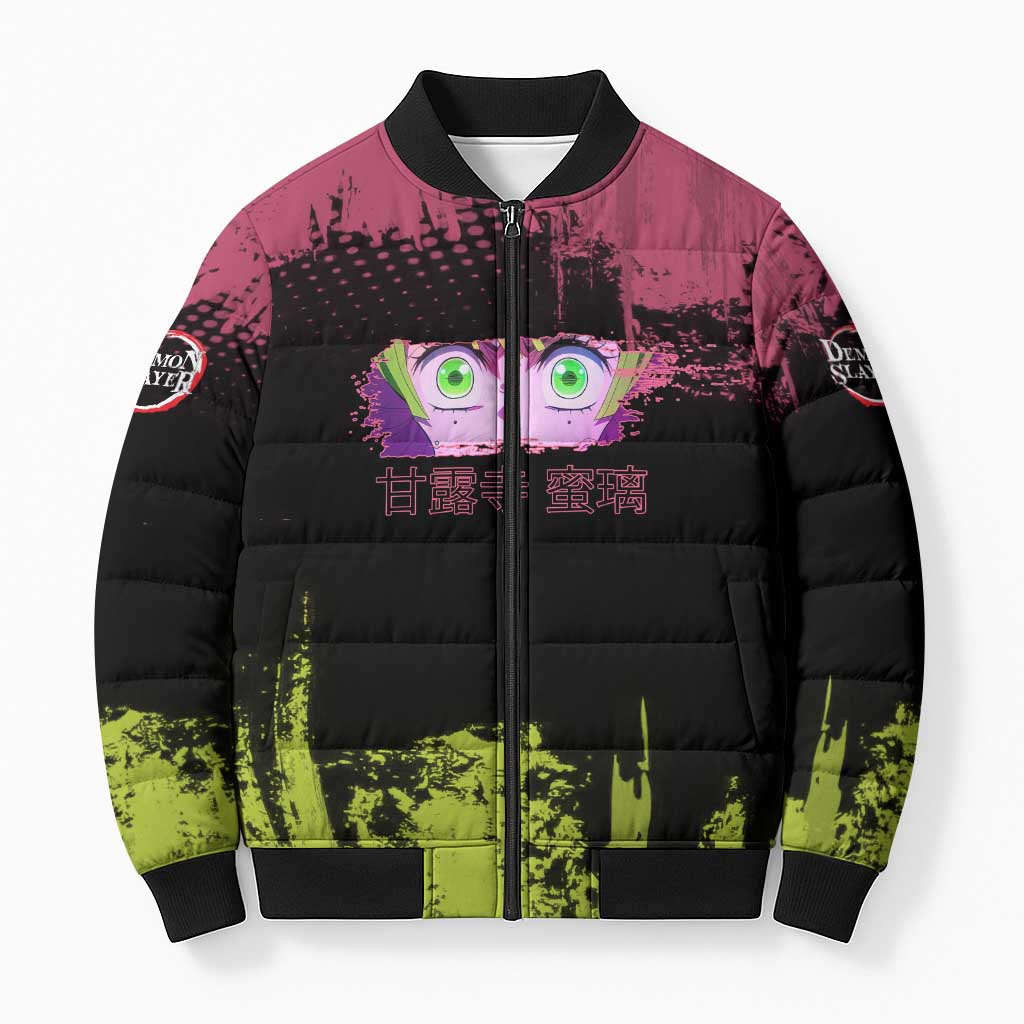 Mitsuri Kanroji Demon Slayer Pink and Green Grunge Design Bomber Puffer Jacket with Heart Eyes and Playful Pose - The Mazicc
