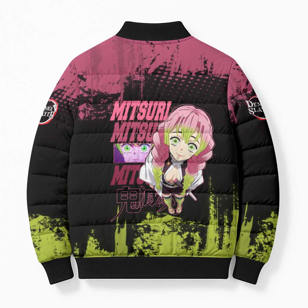 Mitsuri Kanroji Demon Slayer Pink and Green Grunge Design Bomber Puffer Jacket with Heart Eyes and Playful Pose - The Mazicc