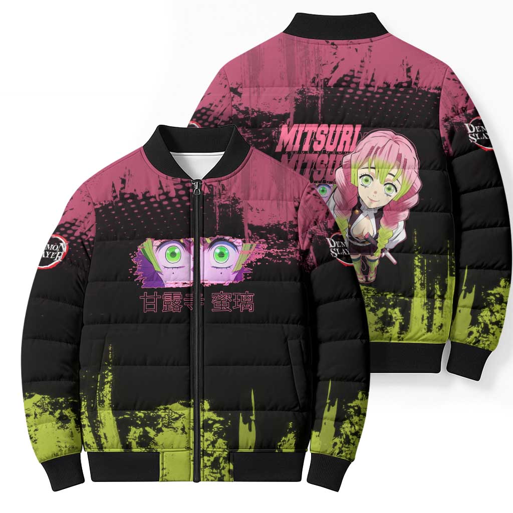 Mitsuri Kanroji Demon Slayer Pink and Green Grunge Design Bomber Puffer Jacket with Heart Eyes and Playful Pose - The Mazicc