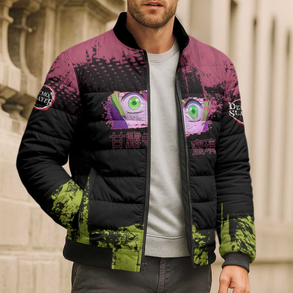 Mitsuri Kanroji Demon Slayer Pink and Green Grunge Design Bomber Puffer Jacket with Heart Eyes and Playful Pose - The Mazicc
