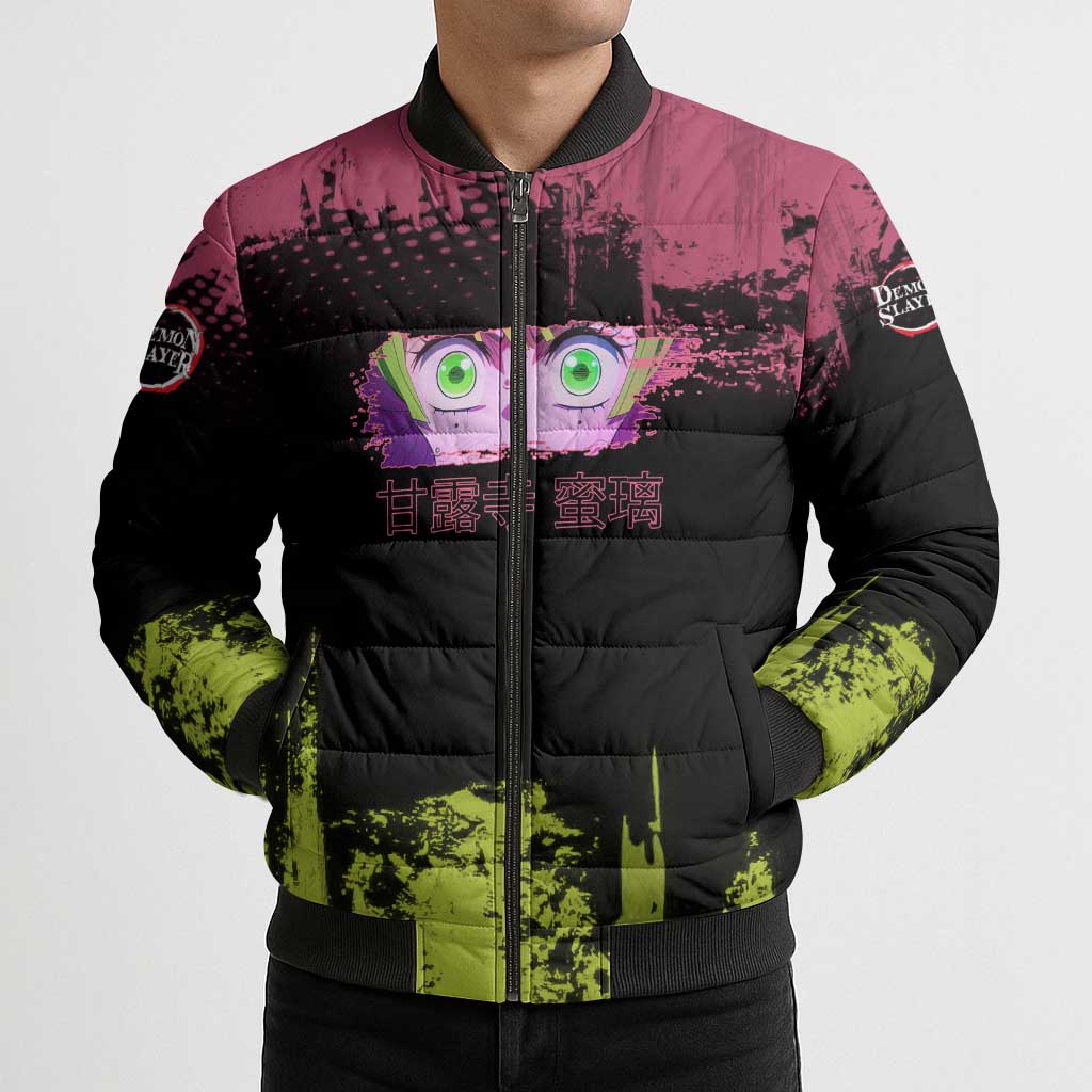 Mitsuri Kanroji Demon Slayer Pink and Green Grunge Design Bomber Puffer Jacket with Heart Eyes and Playful Pose - The Mazicc