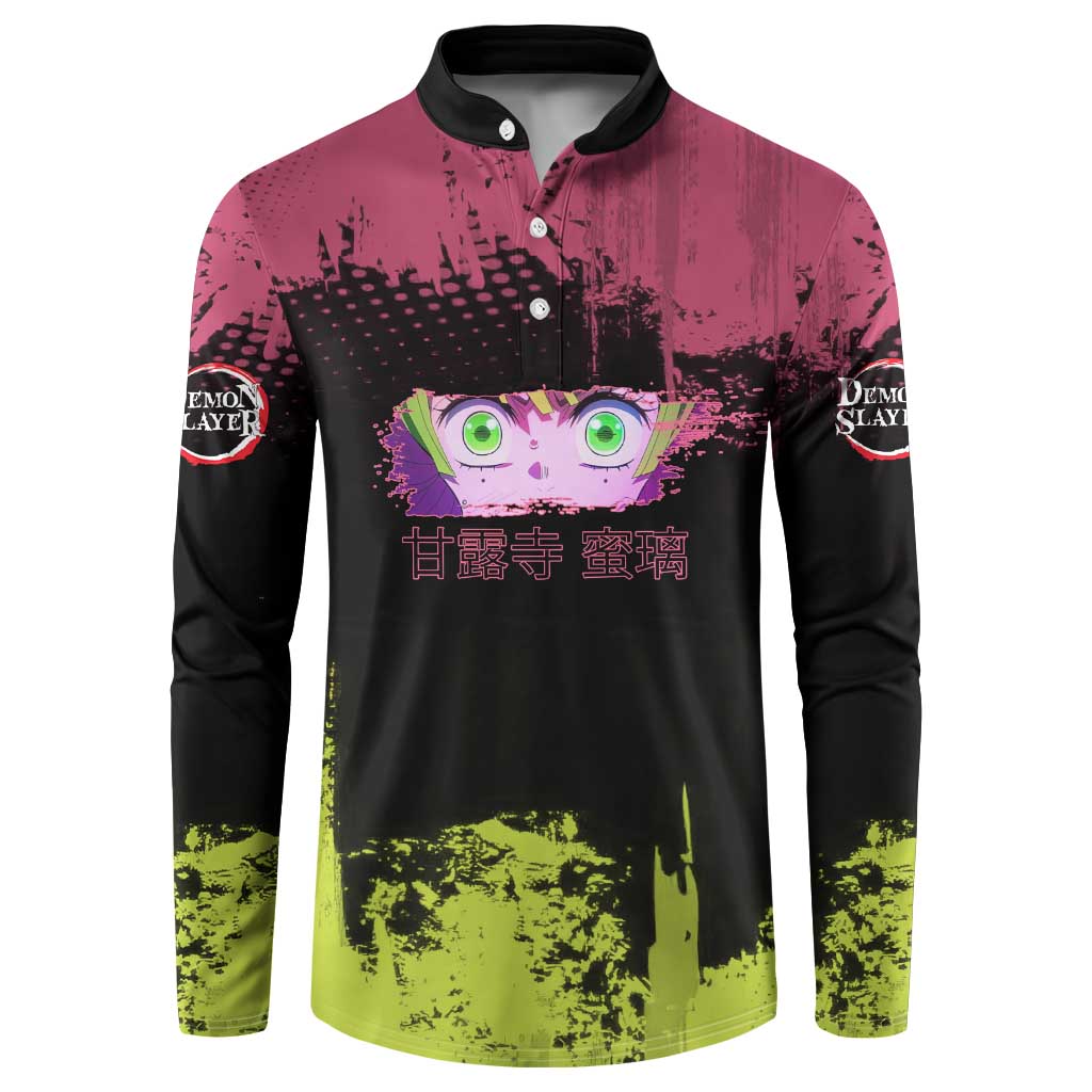 Mitsuri Kanroji Demon Slayer Pink and Green Grunge Design Button Sweatshirt with Heart Eyes and Playful Pose - The Mazicc