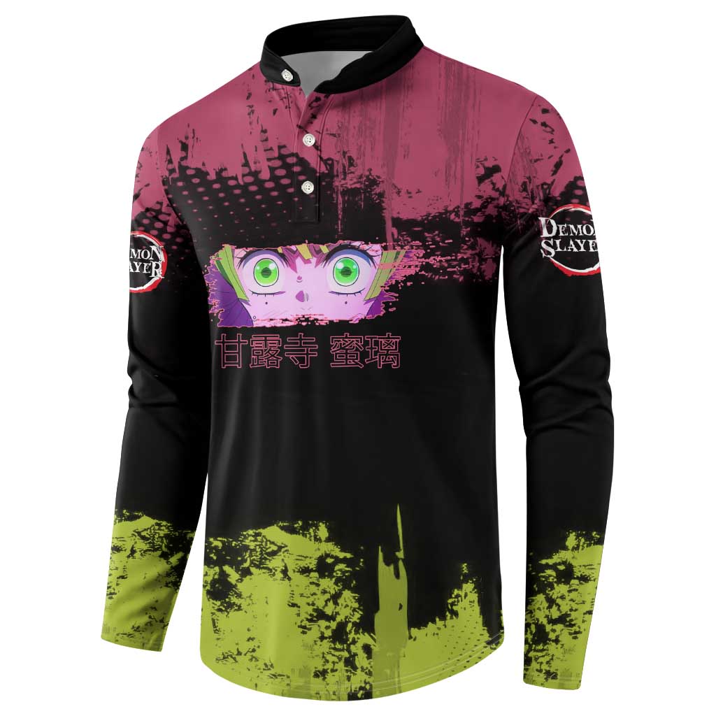 Mitsuri Kanroji Demon Slayer Pink and Green Grunge Design Button Sweatshirt with Heart Eyes and Playful Pose - The Mazicc