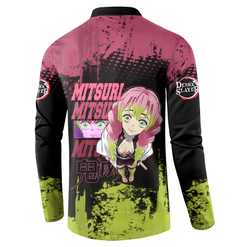 Mitsuri Kanroji Demon Slayer Pink and Green Grunge Design Button Sweatshirt with Heart Eyes and Playful Pose - The Mazicc