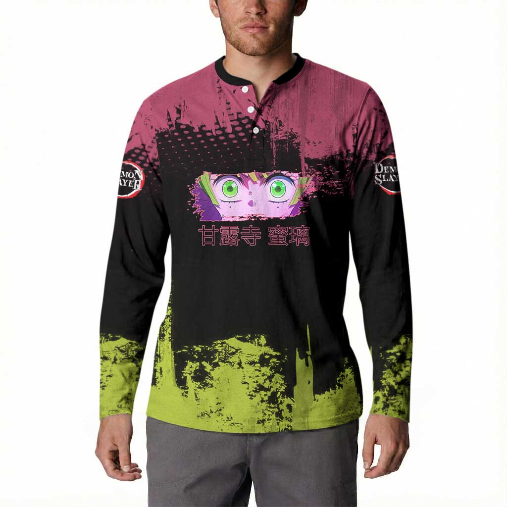 Mitsuri Kanroji Demon Slayer Pink and Green Grunge Design Button Sweatshirt with Heart Eyes and Playful Pose - The Mazicc