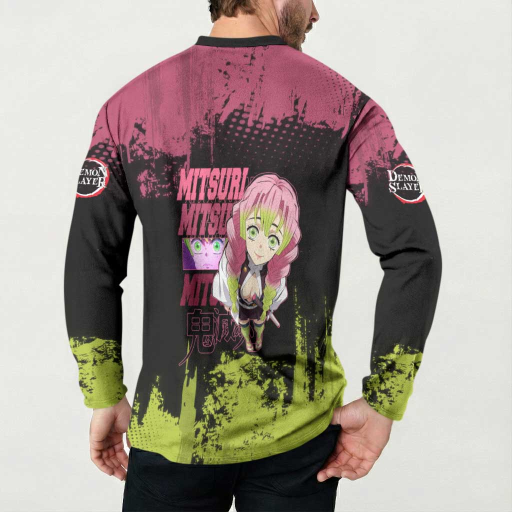 Mitsuri Kanroji Demon Slayer Pink and Green Grunge Design Button Sweatshirt with Heart Eyes and Playful Pose - The Mazicc