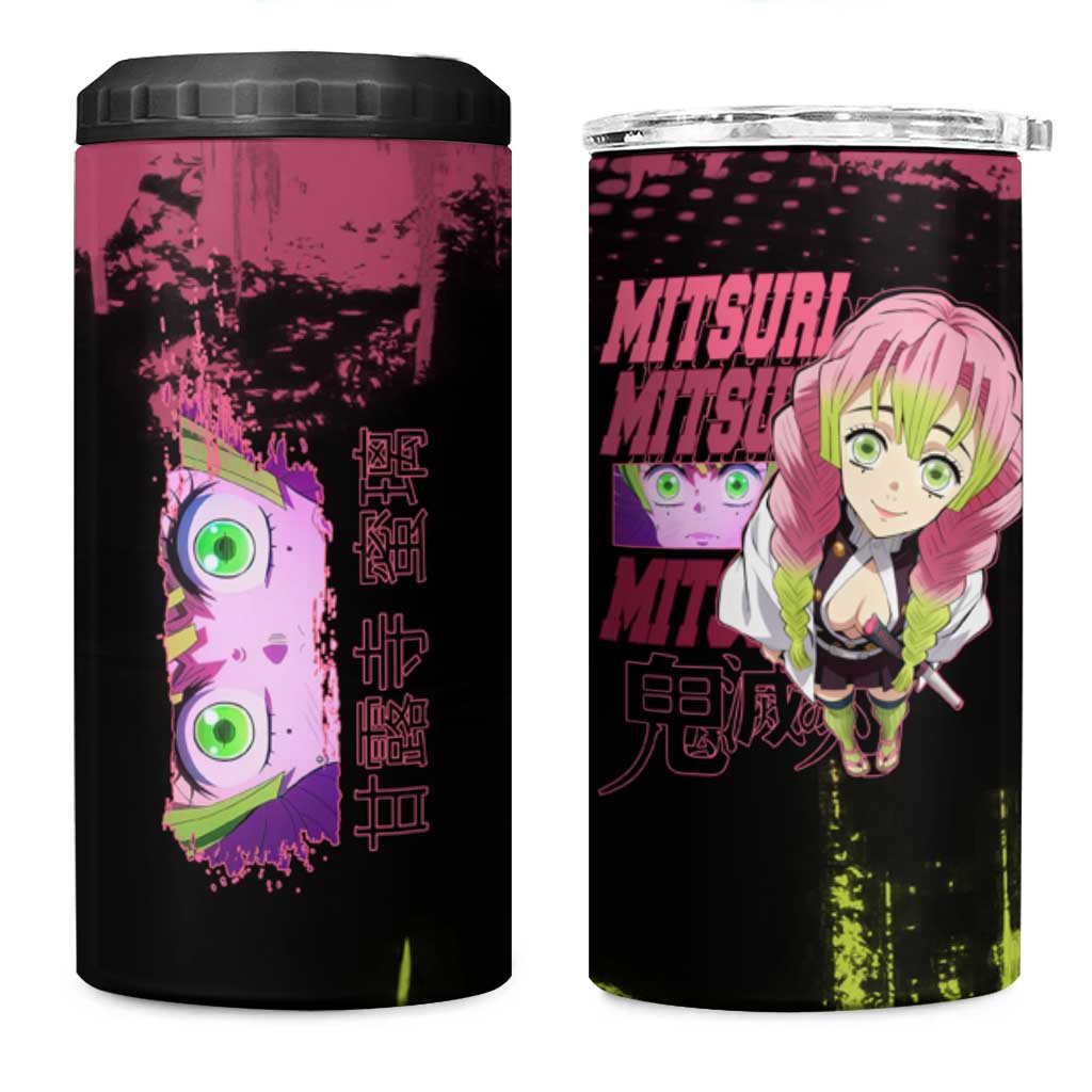 Mitsuri Kanroji Demon Slayer Pink and Green Grunge Design 4 in 1 Can Cooler Tumbler with Heart Eyes and Playful Pose - The Mazicc