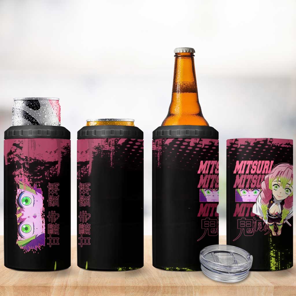 Mitsuri Kanroji Demon Slayer Pink and Green Grunge Design 4 in 1 Can Cooler Tumbler with Heart Eyes and Playful Pose - The Mazicc
