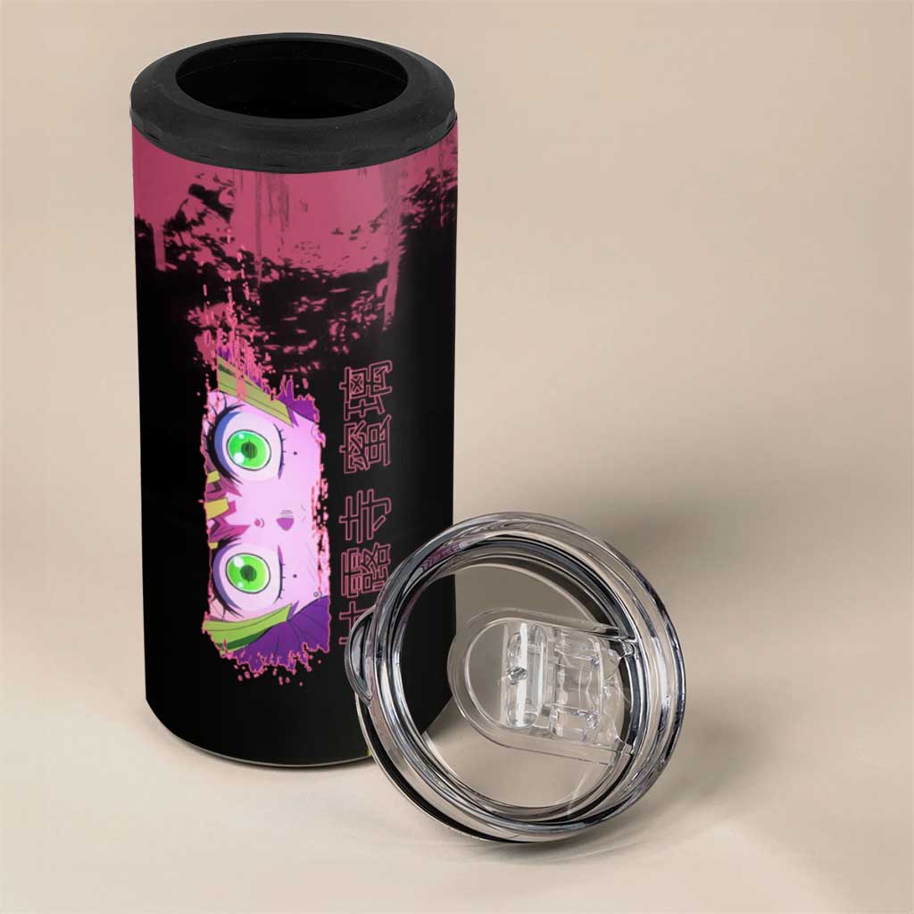 Mitsuri Kanroji Demon Slayer Pink and Green Grunge Design 4 in 1 Can Cooler Tumbler with Heart Eyes and Playful Pose - The Mazicc