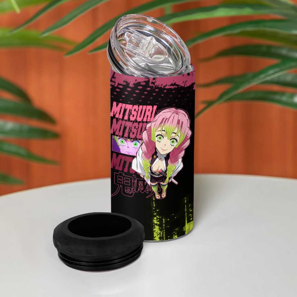Mitsuri Kanroji Demon Slayer Pink and Green Grunge Design 4 in 1 Can Cooler Tumbler with Heart Eyes and Playful Pose - The Mazicc