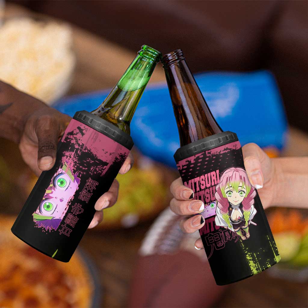 Mitsuri Kanroji Demon Slayer Pink and Green Grunge Design 4 in 1 Can Cooler Tumbler with Heart Eyes and Playful Pose - The Mazicc