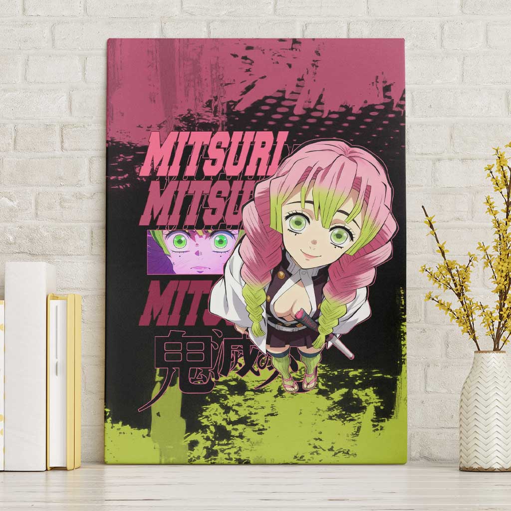 Mitsuri Kanroji Demon Slayer Pink and Green Grunge Design Canvas Wall Art with Heart Eyes and Playful Pose - The Mazicc