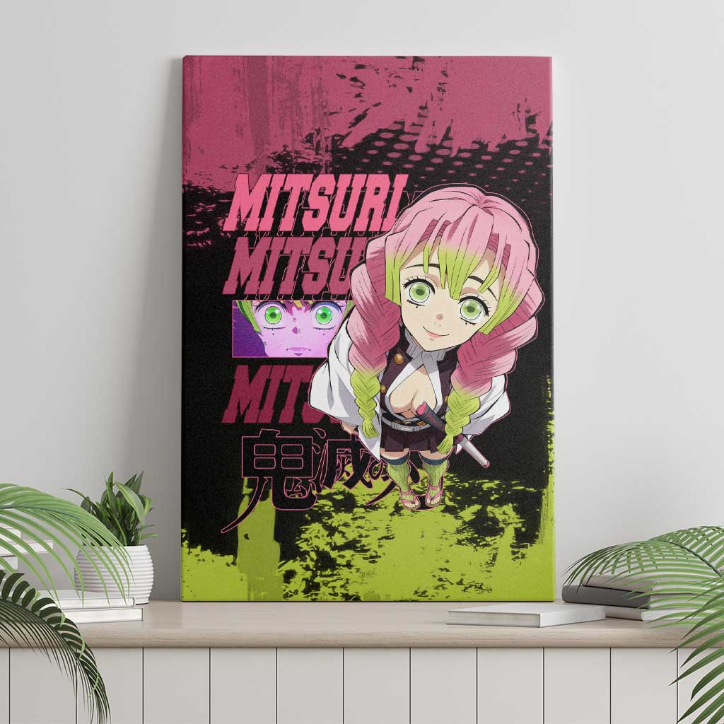 Mitsuri Kanroji Demon Slayer Pink and Green Grunge Design Canvas Wall Art with Heart Eyes and Playful Pose - The Mazicc
