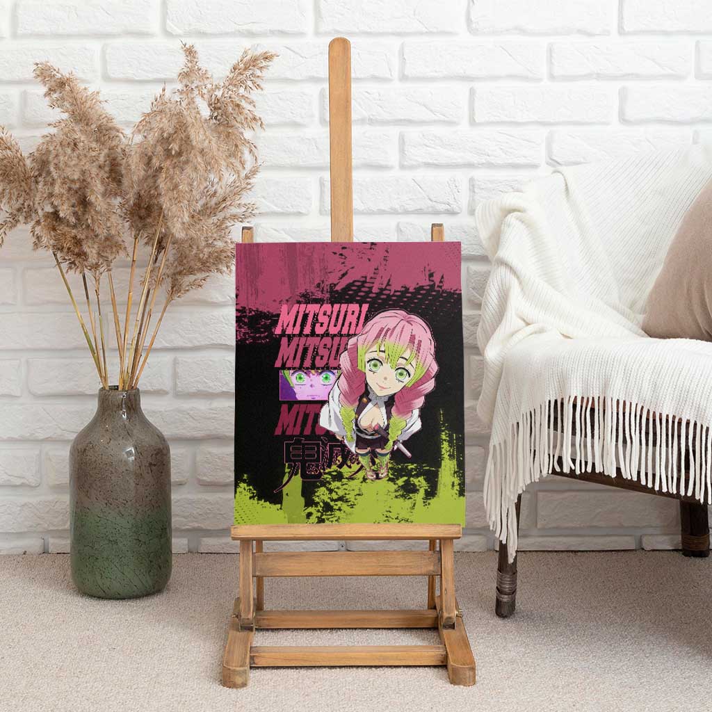 Mitsuri Kanroji Demon Slayer Pink and Green Grunge Design Canvas Wall Art with Heart Eyes and Playful Pose - The Mazicc
