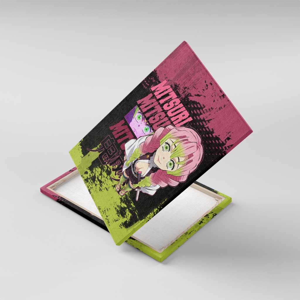 Mitsuri Kanroji Demon Slayer Pink and Green Grunge Design Canvas Wall Art with Heart Eyes and Playful Pose - The Mazicc