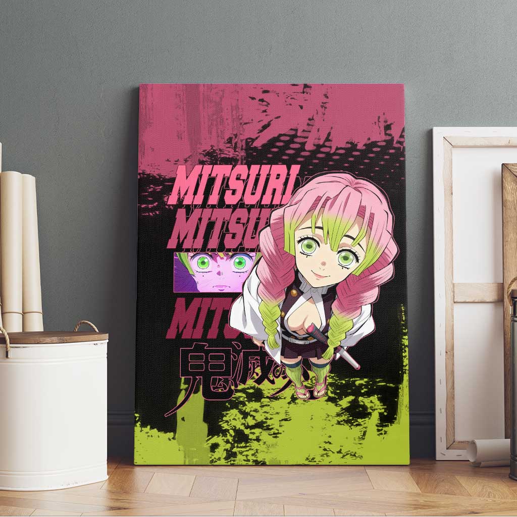 Mitsuri Kanroji Demon Slayer Pink and Green Grunge Design Canvas Wall Art with Heart Eyes and Playful Pose - The Mazicc