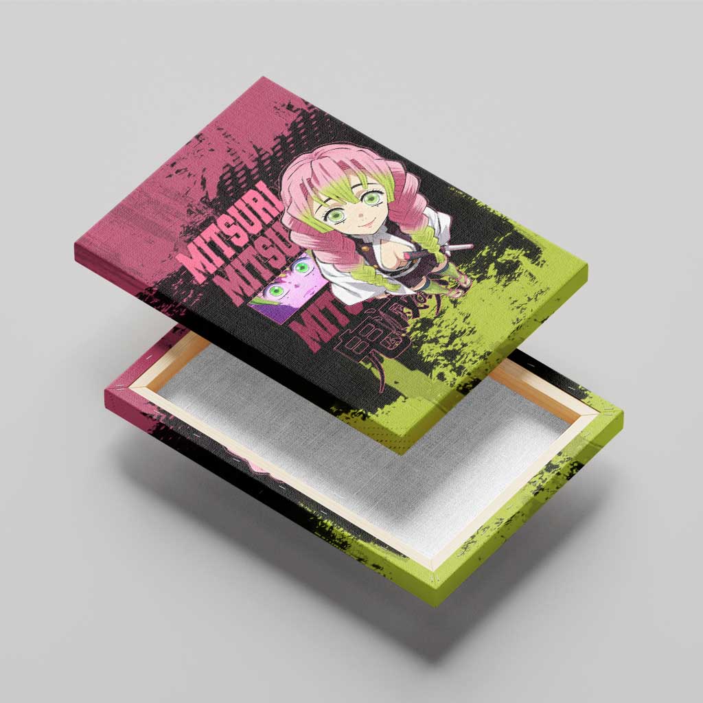 Mitsuri Kanroji Demon Slayer Pink and Green Grunge Design Canvas Wall Art with Heart Eyes and Playful Pose - The Mazicc