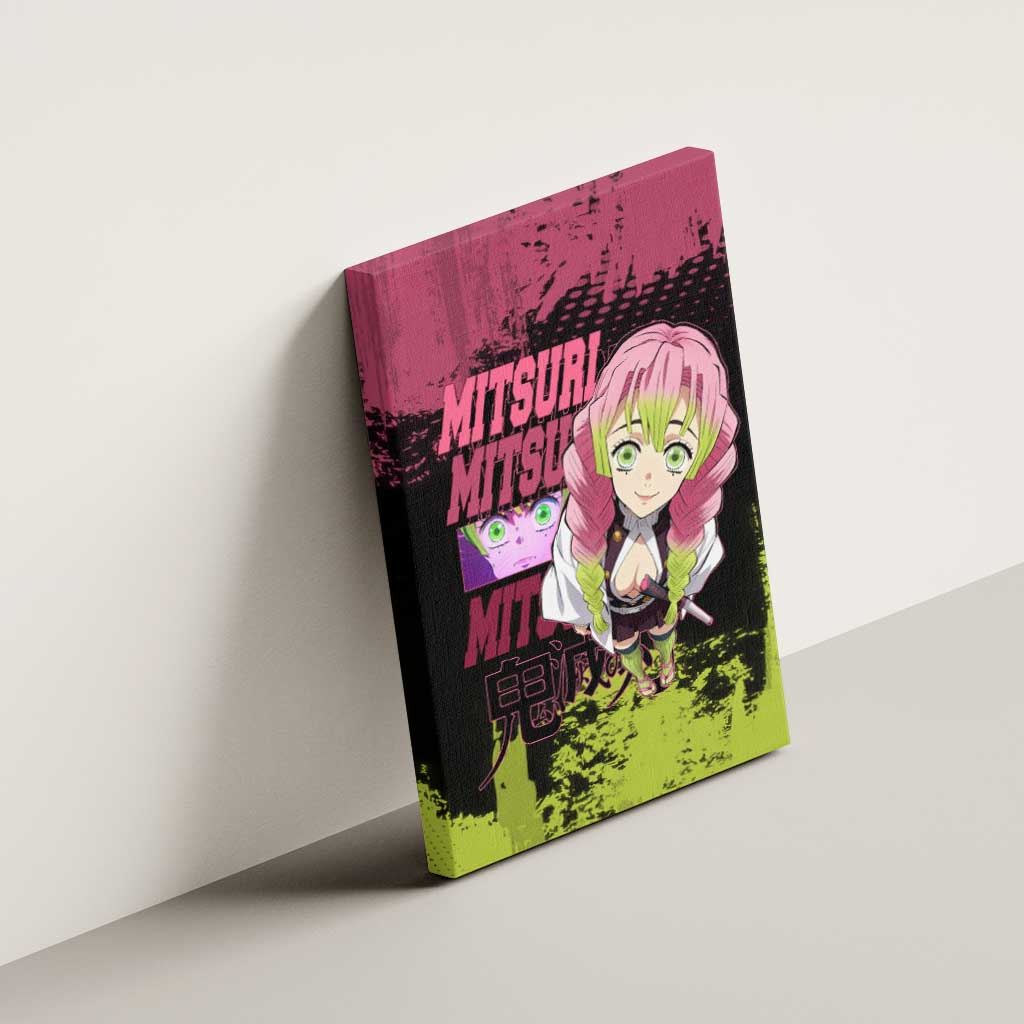 Mitsuri Kanroji Demon Slayer Pink and Green Grunge Design Canvas Wall Art with Heart Eyes and Playful Pose - The Mazicc
