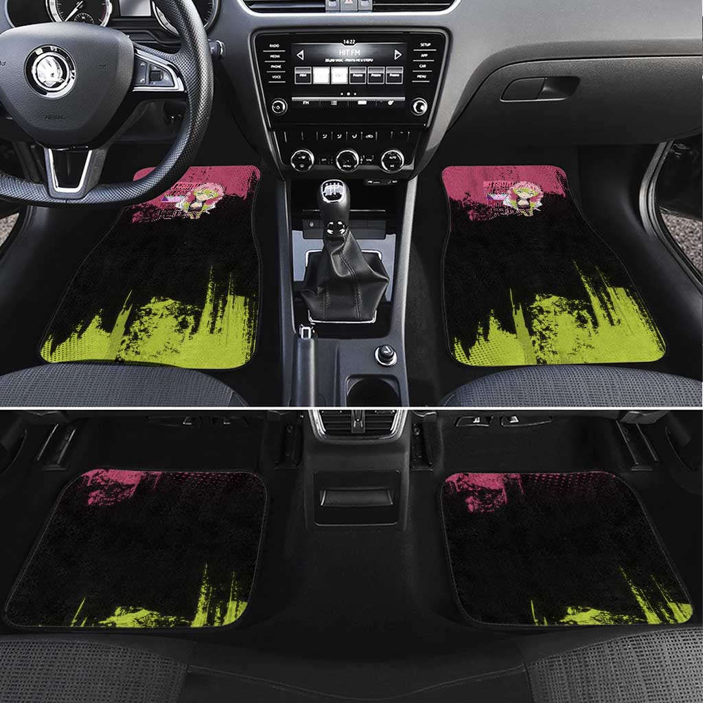 Mitsuri Kanroji Demon Slayer Pink and Green Grunge Design Car Mats with Heart Eyes and Playful Pose - The Mazicc