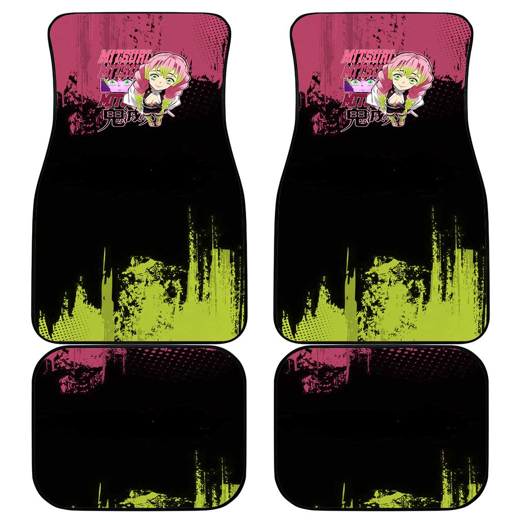 Mitsuri Kanroji Demon Slayer Pink and Green Grunge Design Car Mats with Heart Eyes and Playful Pose - The Mazicc