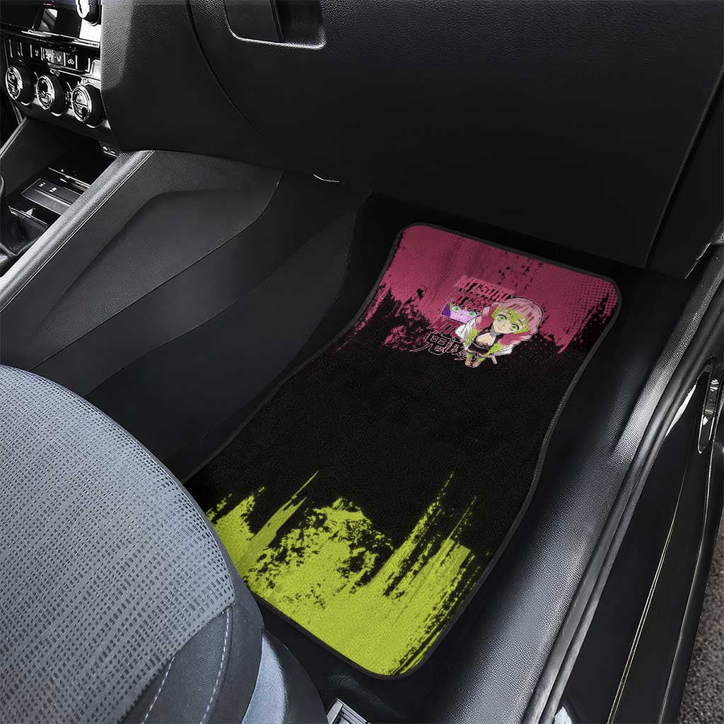 Mitsuri Kanroji Demon Slayer Pink and Green Grunge Design Car Mats with Heart Eyes and Playful Pose - The Mazicc