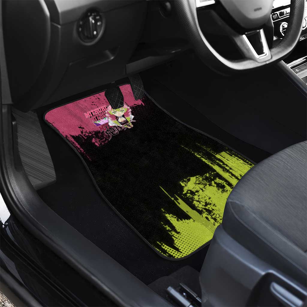 Mitsuri Kanroji Demon Slayer Pink and Green Grunge Design Car Mats with Heart Eyes and Playful Pose - The Mazicc