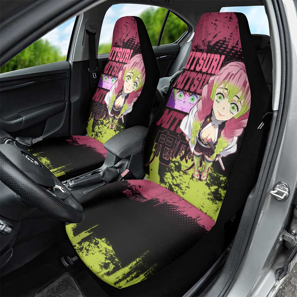 Mitsuri Kanroji Demon Slayer Pink and Green Grunge Design Car Seat Cover with Heart Eyes and Playful Pose - The Mazicc
