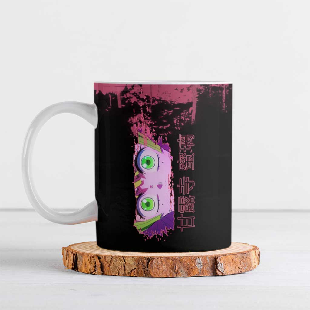 Mitsuri Kanroji Demon Slayer Pink and Green Grunge Design Ceramic Mug with Heart Eyes and Playful Pose - The Mazicc
