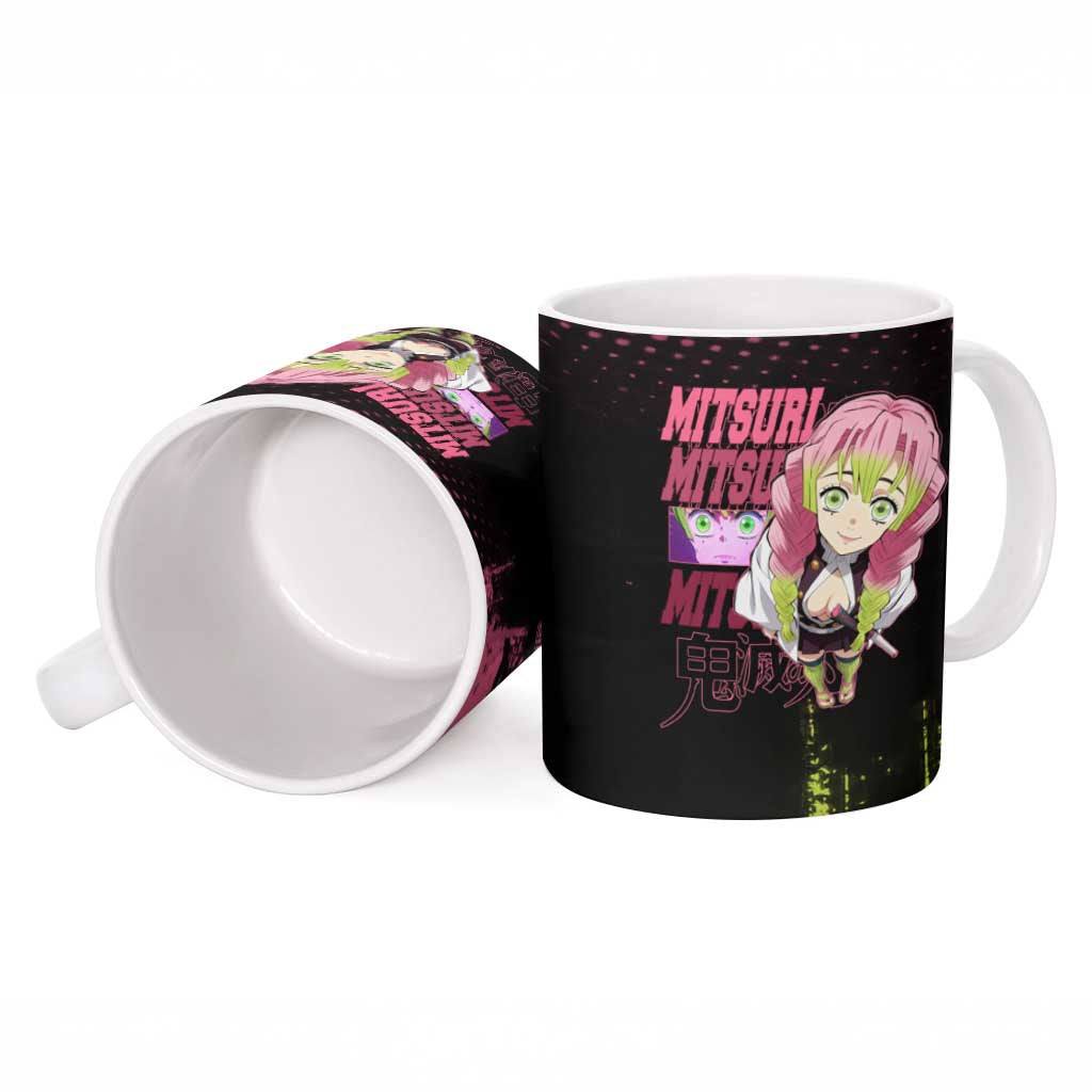 Mitsuri Kanroji Demon Slayer Pink and Green Grunge Design Ceramic Mug with Heart Eyes and Playful Pose - The Mazicc