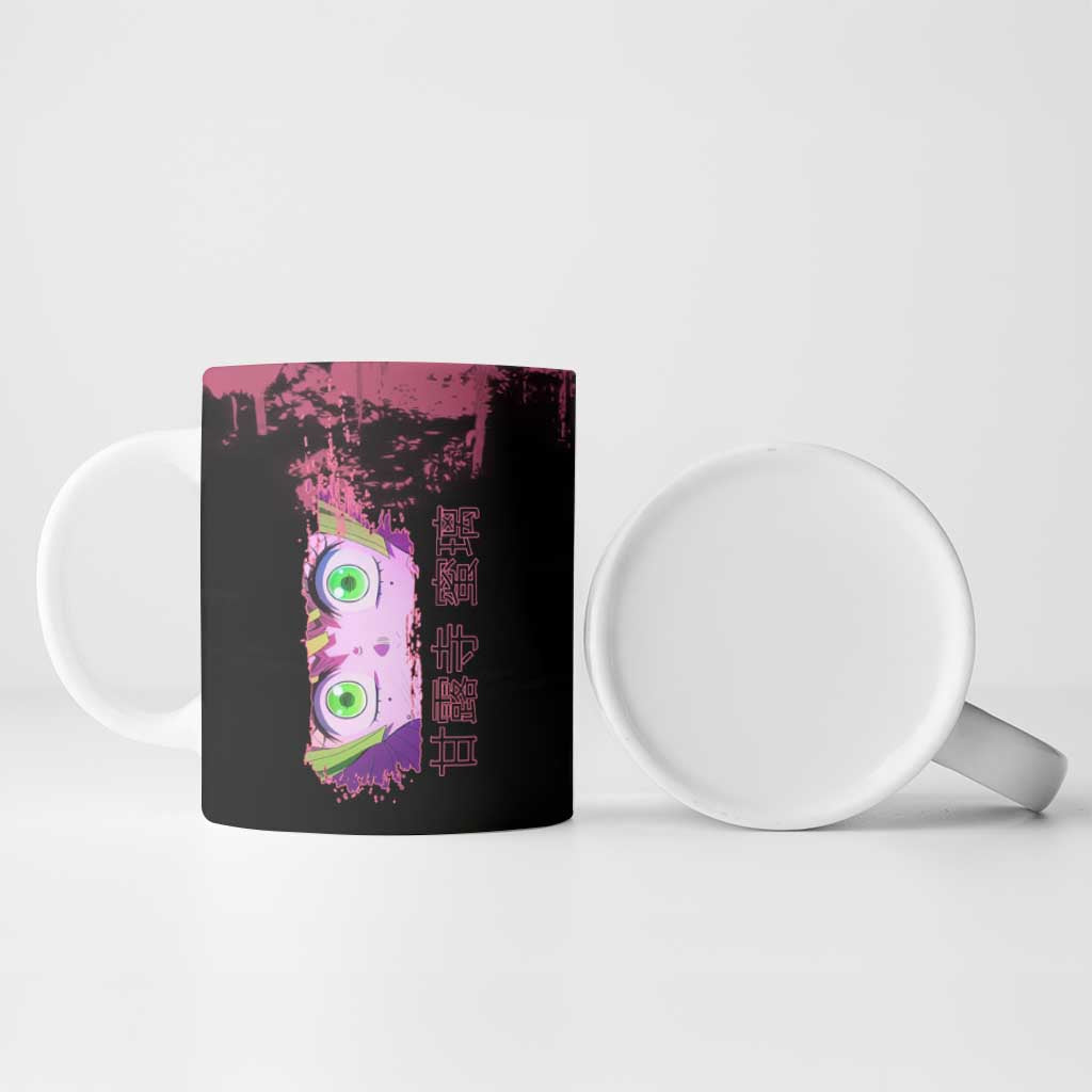 Mitsuri Kanroji Demon Slayer Pink and Green Grunge Design Ceramic Mug with Heart Eyes and Playful Pose - The Mazicc