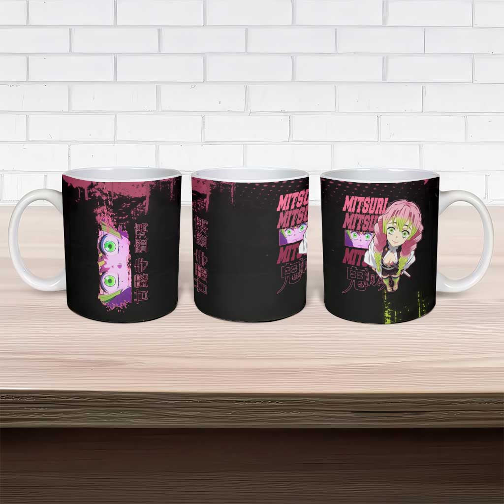 Mitsuri Kanroji Demon Slayer Pink and Green Grunge Design Ceramic Mug with Heart Eyes and Playful Pose - The Mazicc