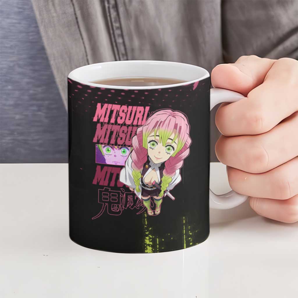 Mitsuri Kanroji Demon Slayer Pink and Green Grunge Design Ceramic Mug with Heart Eyes and Playful Pose - The Mazicc