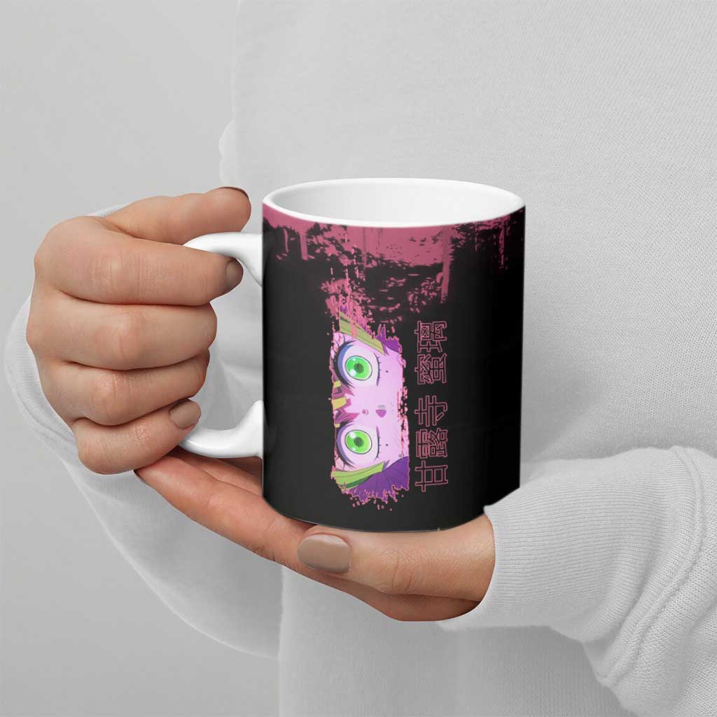 Mitsuri Kanroji Demon Slayer Pink and Green Grunge Design Ceramic Mug with Heart Eyes and Playful Pose - The Mazicc