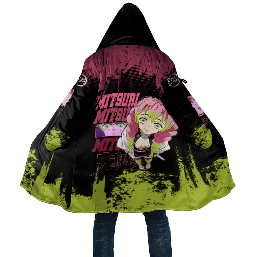 Mitsuri Kanroji Demon Slayer Pink and Green Grunge Design Cloak with Heart Eyes and Playful Pose - The Mazicc