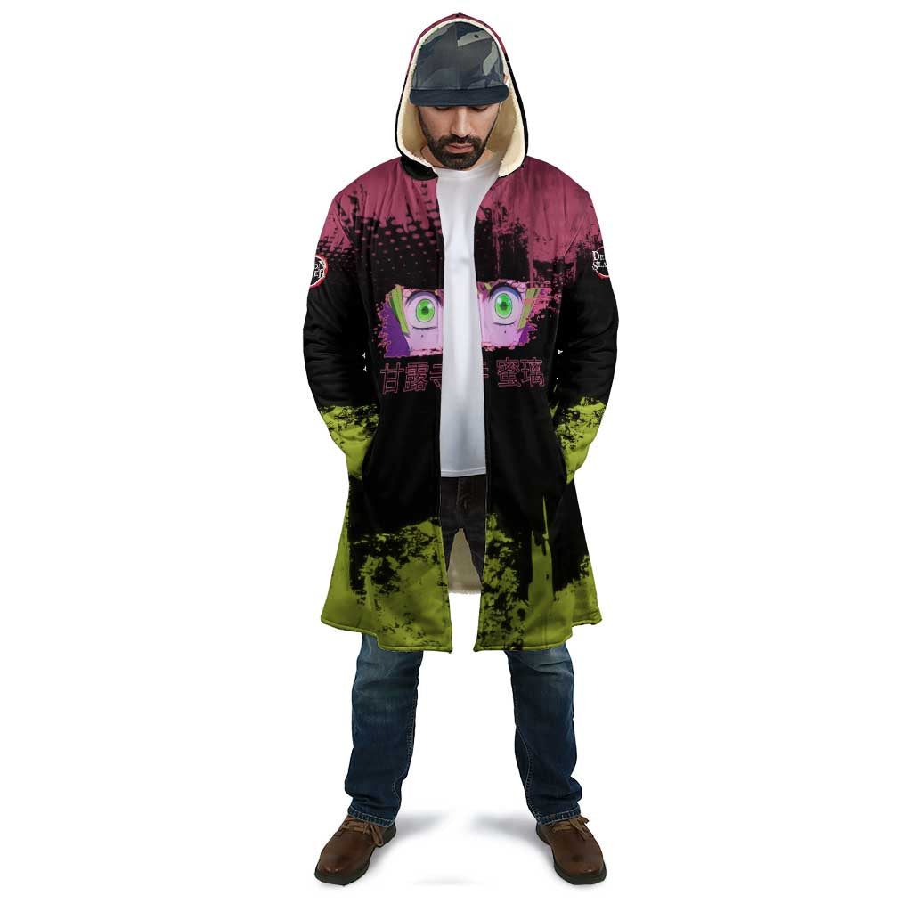 Mitsuri Kanroji Demon Slayer Pink and Green Grunge Design Cloak with Heart Eyes and Playful Pose - The Mazicc