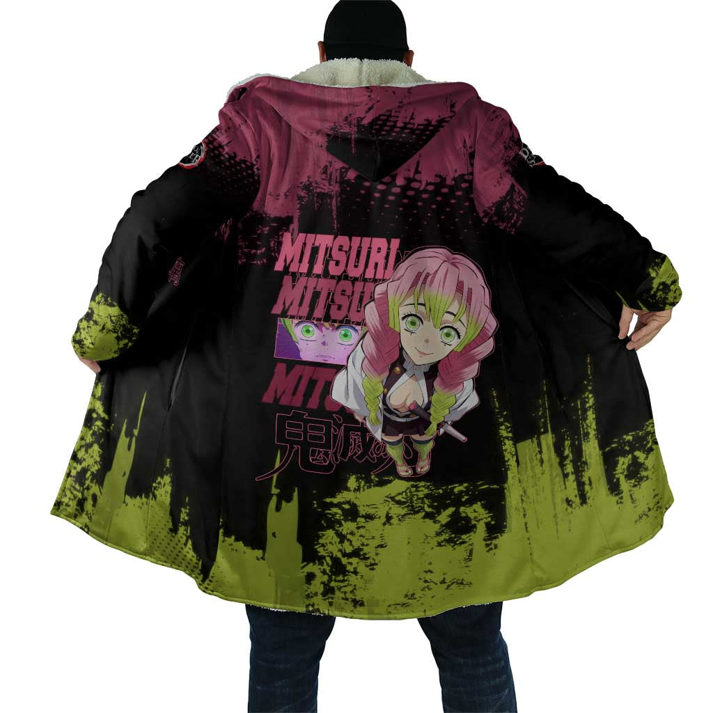 Mitsuri Kanroji Demon Slayer Pink and Green Grunge Design Cloak with Heart Eyes and Playful Pose - The Mazicc