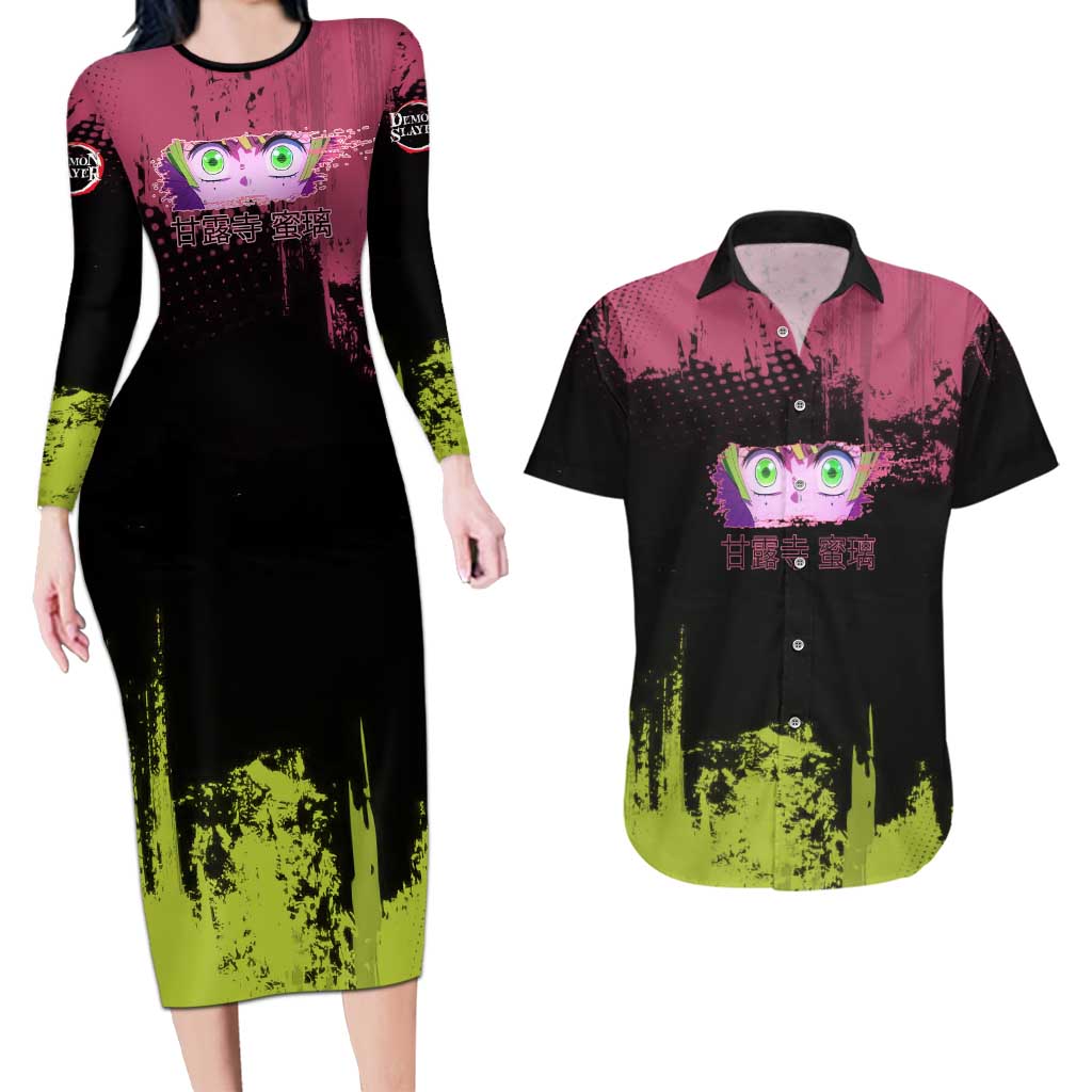 Mitsuri Kanroji Demon Slayer Pink and Green Grunge Design Couples Matching Long Sleeve Bodycon Dress and Hawaiian Shirt with Heart Eyes and Playful Pose - The Mazicc