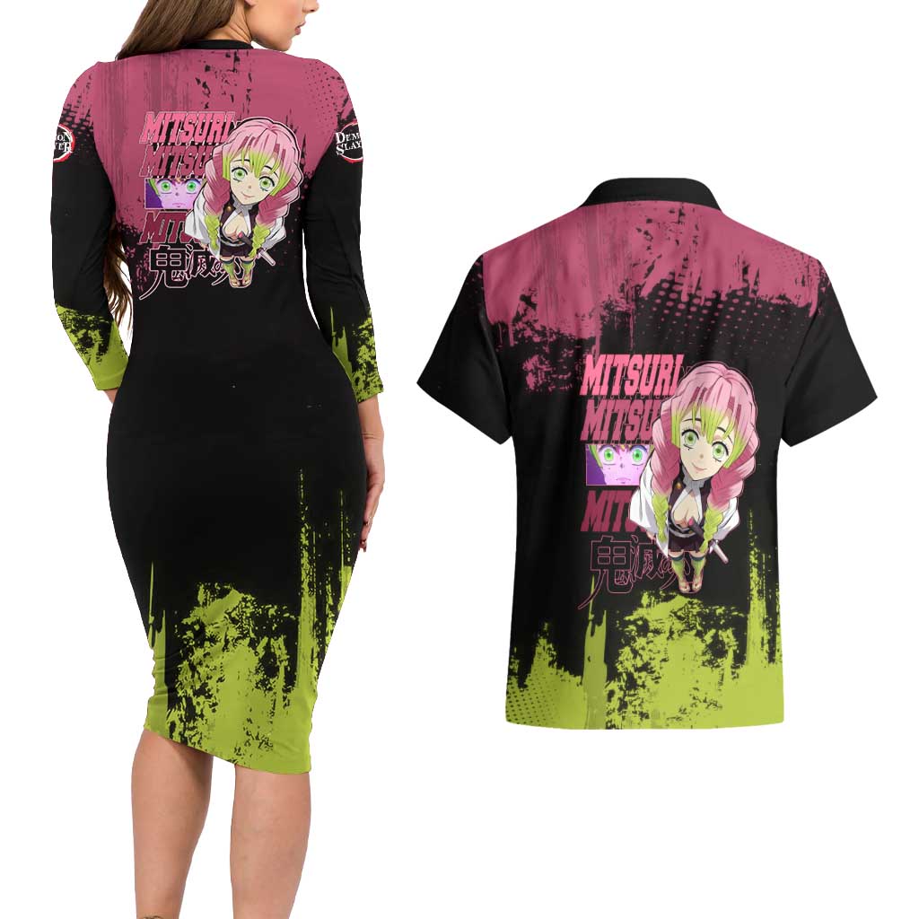 Mitsuri Kanroji Demon Slayer Pink and Green Grunge Design Couples Matching Long Sleeve Bodycon Dress and Hawaiian Shirt with Heart Eyes and Playful Pose - The Mazicc