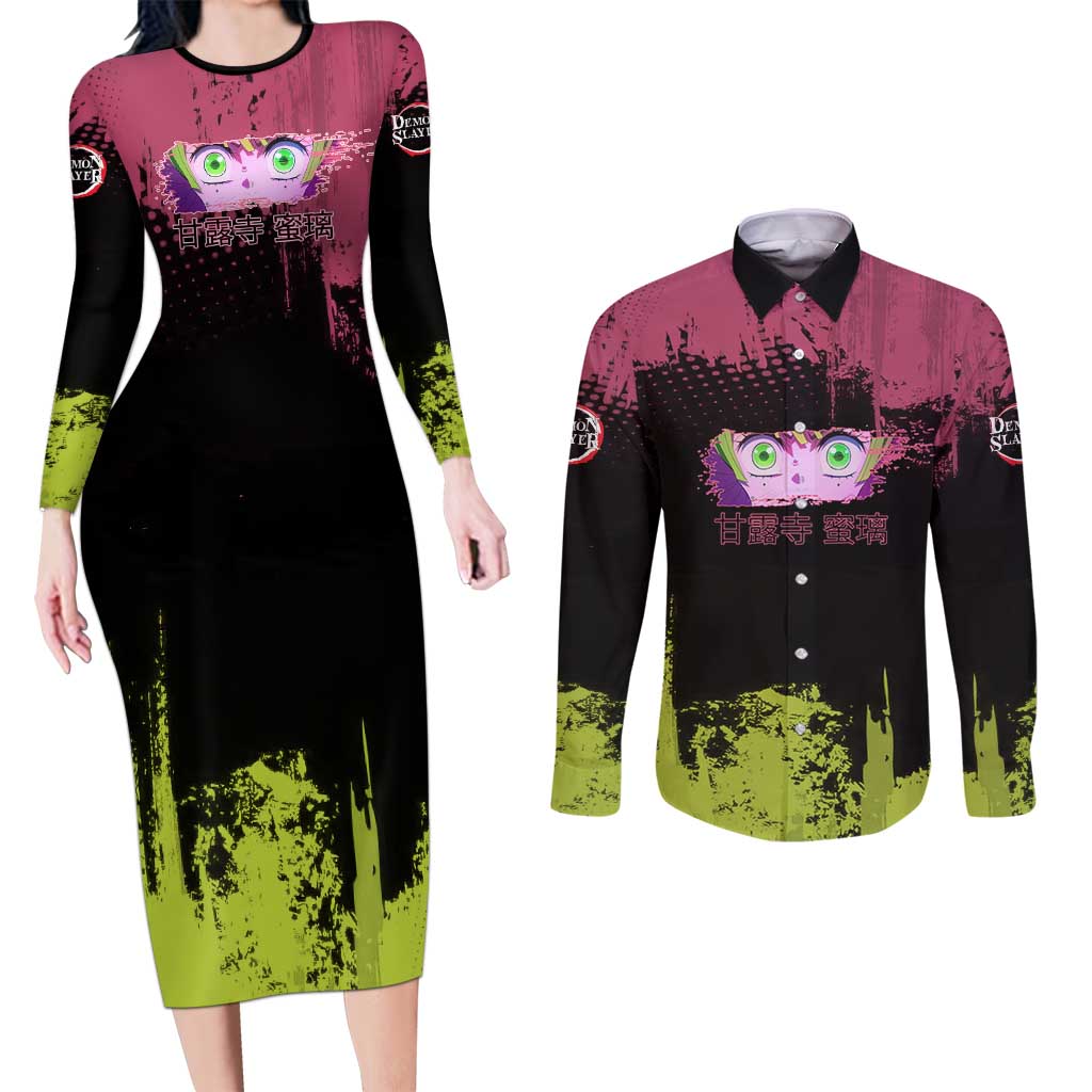 Mitsuri Kanroji Demon Slayer Pink and Green Grunge Design Couples Matching Long Sleeve Bodycon Dress and Long Sleeve Button Shirt with Heart Eyes and Playful Pose - The Mazicc