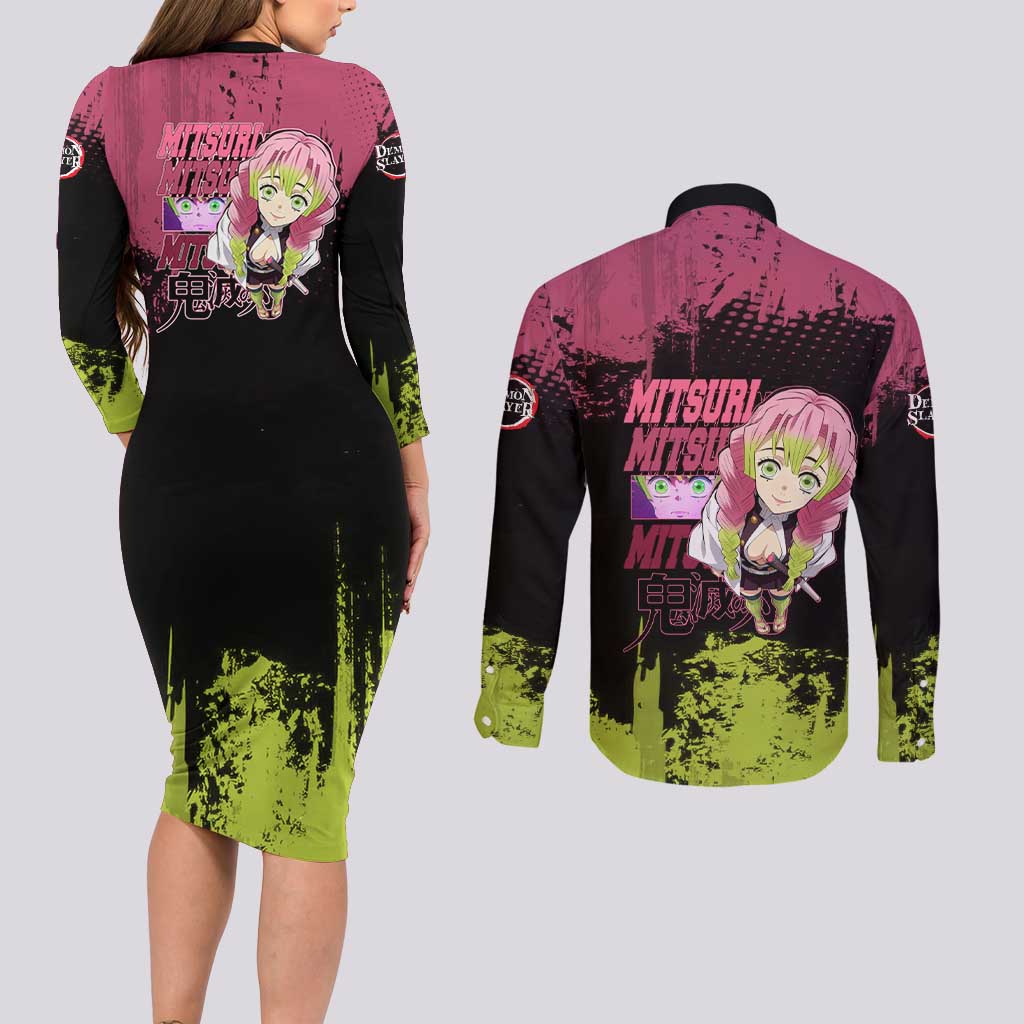 Mitsuri Kanroji Demon Slayer Pink and Green Grunge Design Couples Matching Long Sleeve Bodycon Dress and Long Sleeve Button Shirt with Heart Eyes and Playful Pose - The Mazicc
