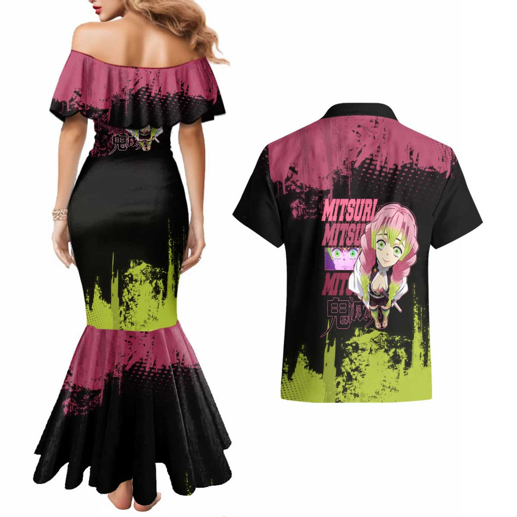 Mitsuri Kanroji Demon Slayer Pink and Green Grunge Design Couples Matching Mermaid Dress and Hawaiian Shirt with Heart Eyes and Playful Pose - The Mazicc