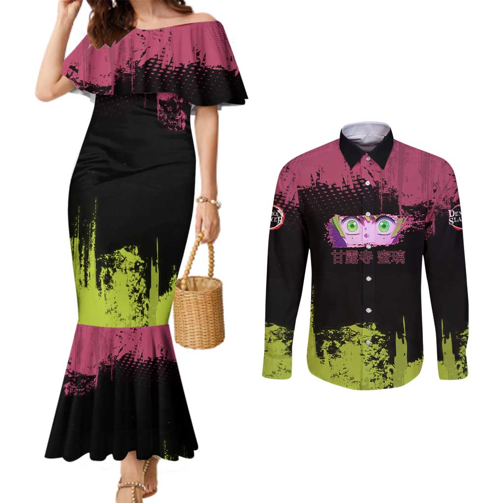 Mitsuri Kanroji Demon Slayer Pink and Green Grunge Design Couples Matching Mermaid Dress and Long Sleeve Button Shirt with Heart Eyes and Playful Pose - The Mazicc