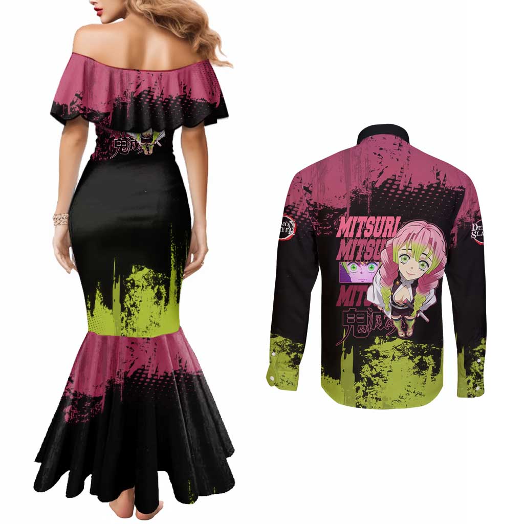 Mitsuri Kanroji Demon Slayer Pink and Green Grunge Design Couples Matching Mermaid Dress and Long Sleeve Button Shirt with Heart Eyes and Playful Pose - The Mazicc