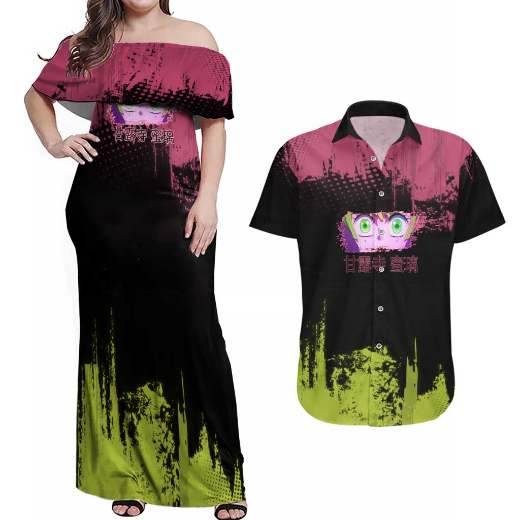 Mitsuri Kanroji Demon Slayer Pink and Green Grunge Design Couples Matching Off Shoulder Maxi Dress and Hawaiian Shirt with Heart Eyes and Playful Pose - The Mazicc